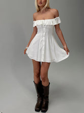 Corail Off Shoulder Frill Mini Dress White