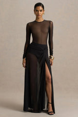 Koami | Black Mesh Long-Sleeve Ruched Maxi Dress With High Split