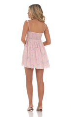 Dotted Floral Babydoll Dress In Pink