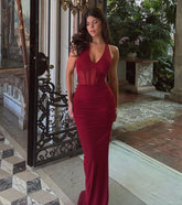 Kristy Mesh Corset Lace-Up Slit Formal Dress