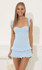 Techno Crepe Ruffle Corset Dress In Blue