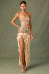 Embellished Ruffle-Trim Strapless Gown In Rose Hotfix