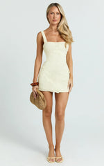 Sienna Mini Dress - Square Neck Floral Embroidered A Line Dress In Lemon