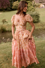 Peach Poppy Print Puff Sleeve Midi Sundress