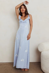 Hibiscus Ruffle A-Line Maxi Dress Blue