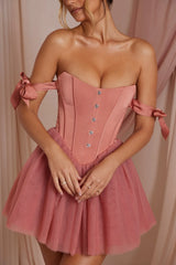 Off Shoulder Tulle Skirt Mini Dress In Terracotta