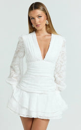 Bijou Mini Dress - Embroidery Long Sleeve Dress In White