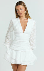 Bijou Mini Dress - Embroidery Long Sleeve Dress In White