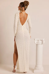 Embellished Long Sleeve Backless Maxi Dress In White