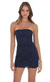 Strapless Lace Back Bow Dress In Navy