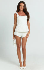 Jacobs Two Piece Set - Square Neck Bow Top And High Waist Mini Short Set In White
