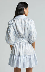 Amabella Mini Dress - 3/4 Sleeve Collared Button Up Dress In Blue