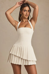 Asymmetric Layered Halterneck Mini Dress In Ivory