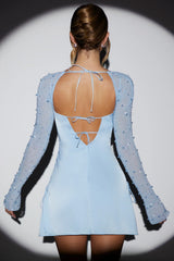 Long Sleeve Embellished A-Line Mini Dress In Blue