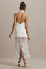 Fiametta | Ecru Linen Halter-Neck Fringe Maxi Dress