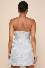 Aesthetic Pose Slate Blue And Gold Jacquard Strapless Mini Dress