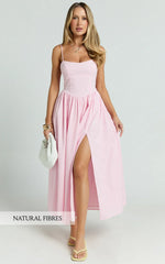 Morris Midi Dress - Linen Scoop Neck Gathered Dress In Pink