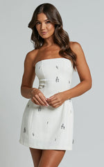 Anziel Mini Dress - Strapless Structured Cluster Embellishment Dress In White