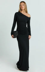 Milly Maxi Dress - Asymmetrical Off Shoulder Long Sleeve Side Ruching Maxi Dress In Black