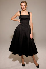 Black Textured Satin Corset Midi Dress