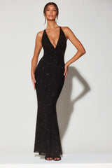 Embellished Plunge Halter Neck Evening Gown In Black