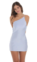 Pearl One Shoulder Satin Dress In Blue