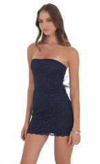 Strapless Lace Back Bow Dress In Navy