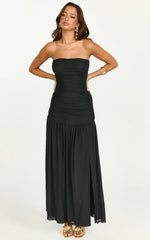 Marguerite Maxi Dress - Strapless Ruched Mesh High Leg Split Dress In Black