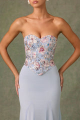 Embellished Corset Fishtail Gown In Floral Blue